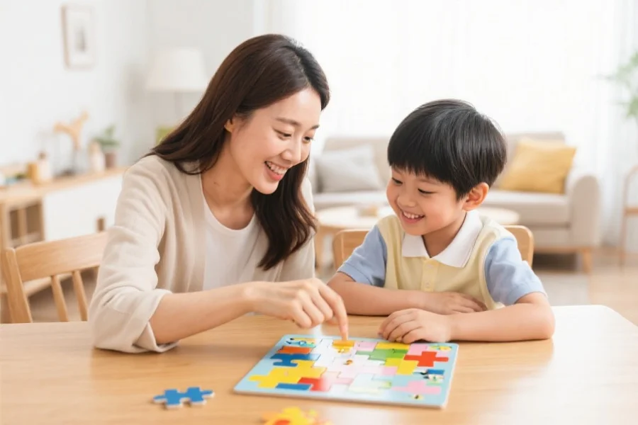 一位母亲和小学生年龄的孩子围坐在桌前，愉快地讨论着一款充满创意的拼图益智游戏，背景为明亮的家庭环境