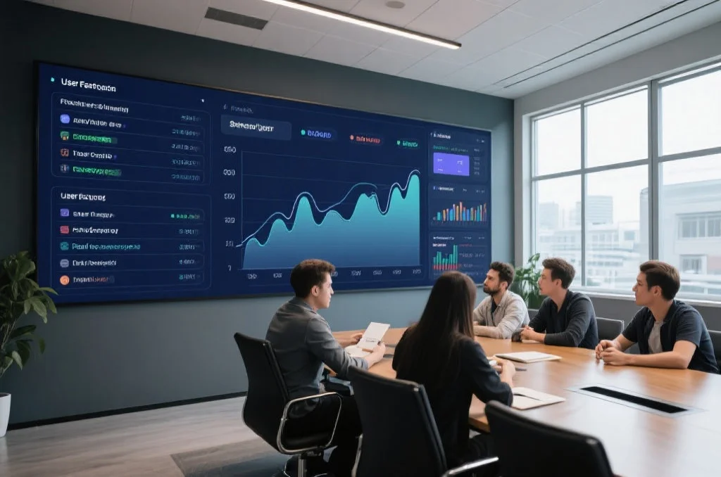 游戏运营团队在宽敞的会议室中分析数据图表，墙上显示着用户反馈信息